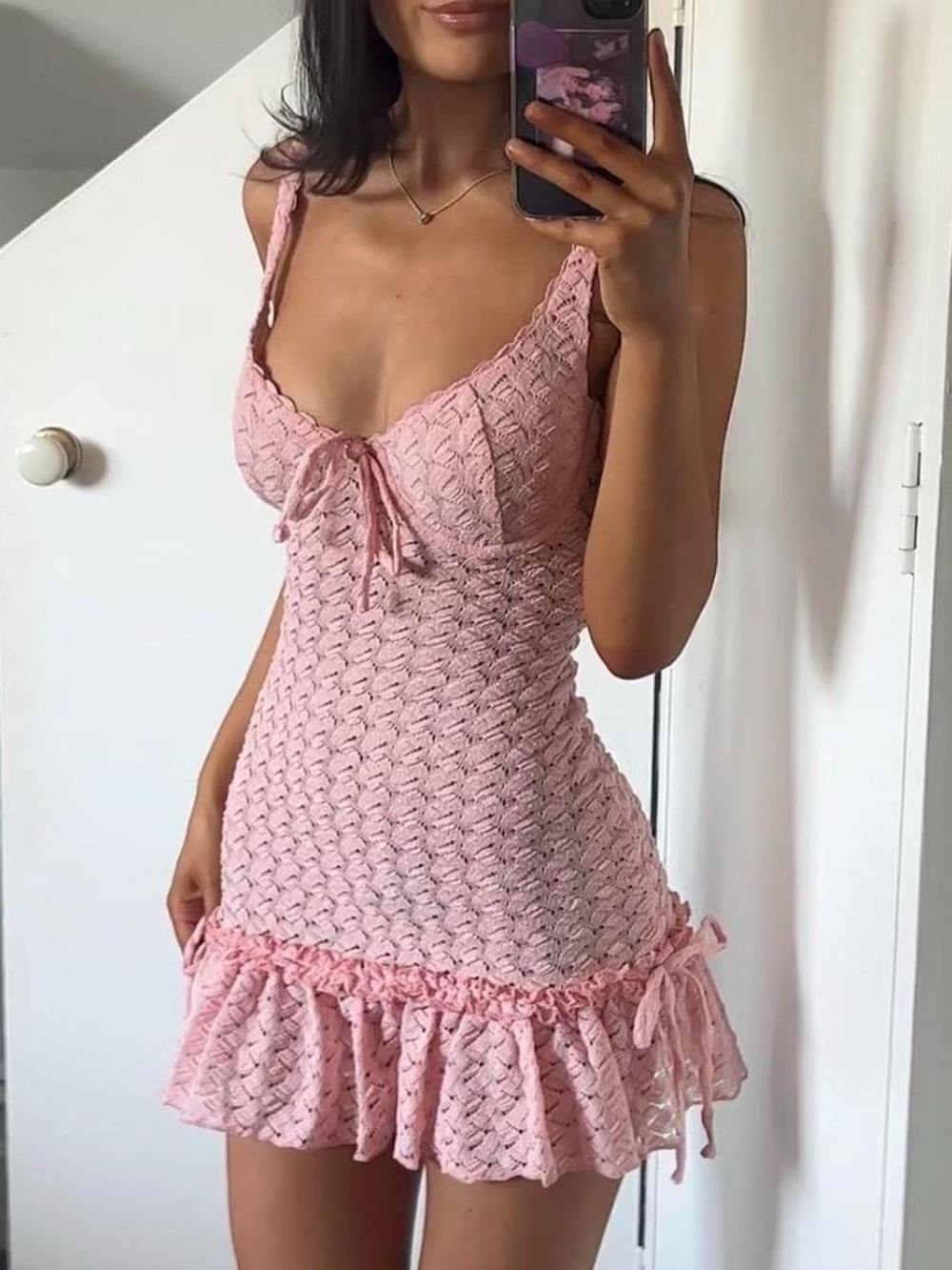 Pink Crochet Mini Dress - Picture 1 of 3